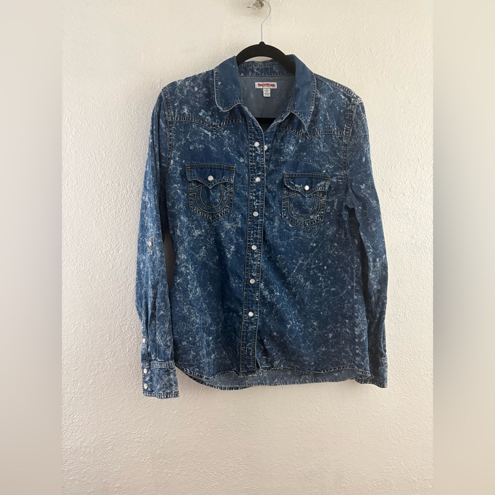True Religion imitation jean shirt button for Rolling sleeves up size L